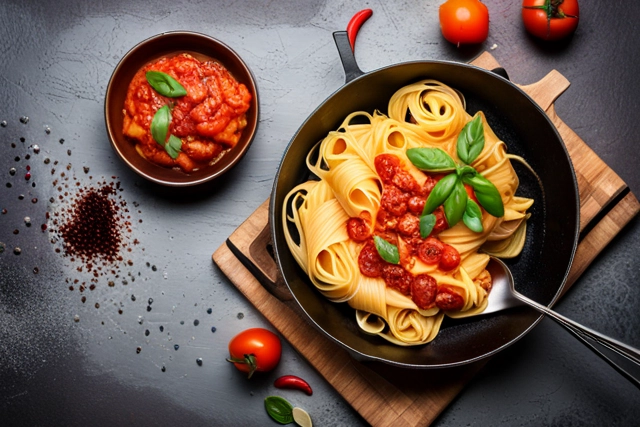 A close up of a pan on the stove with delicious looking pasta in it