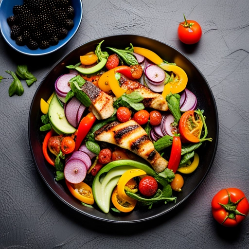 A delicious dish with vigs. It features a vibrant meal with vigs, mixed greens, cherry tomatoes, black olives, sliced radishes, and a tangy vinaigrette. served alongside grilled zucchini and peppers. The colors should lean towards bright greens, reds, and oranges, and the overall composition should look fresh, healthy and appetizing.